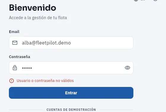 Si el email o la contraseña no son correctos, FleetPilot lo dice debajo del formulario.