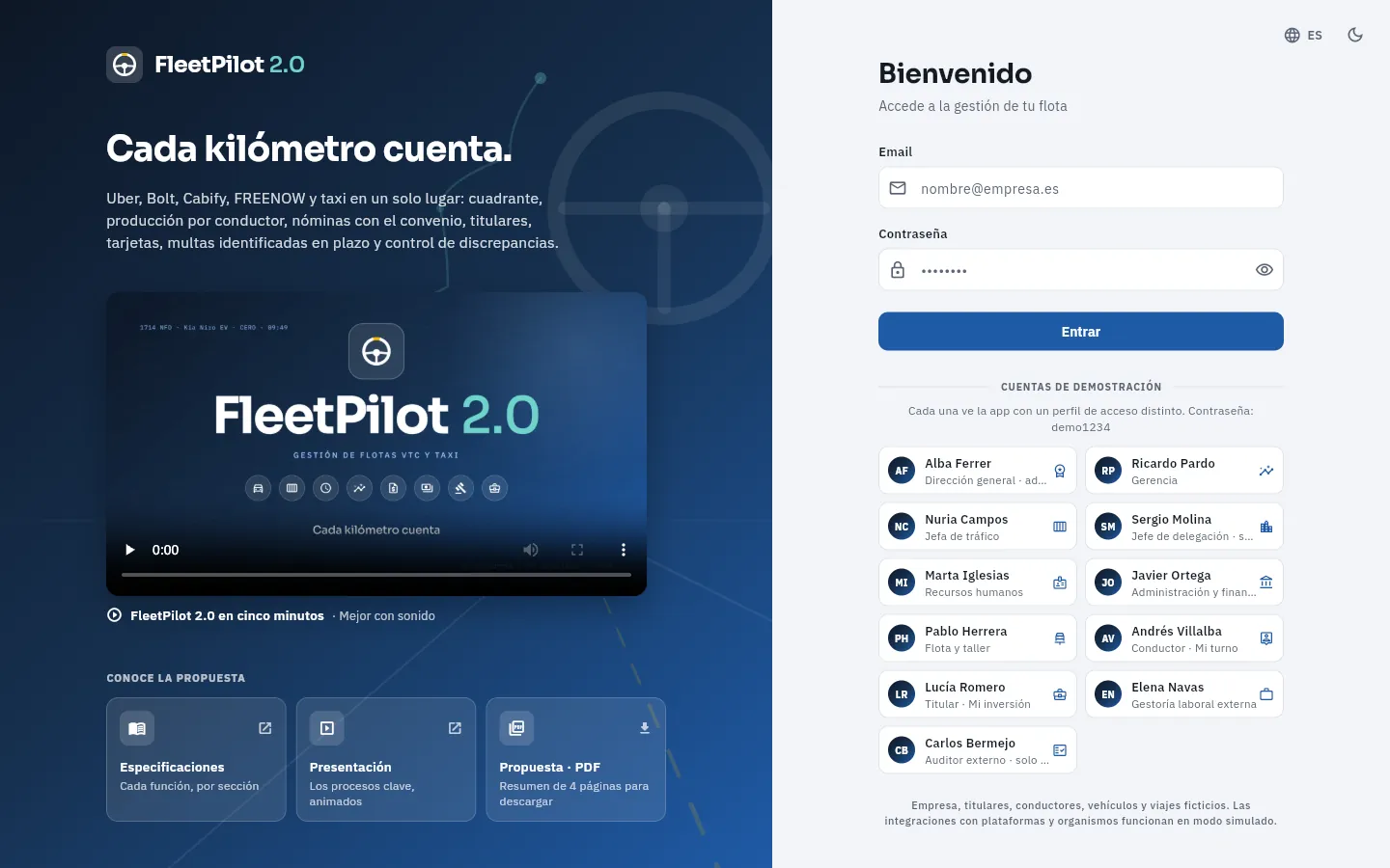 La pantalla de acceso en un ordenador: a la izquierda, la presentación de FleetPilot con su vídeo y los documentos de la propuesta; a la derecha, el formulario para entrar y las cuentas de demostración.