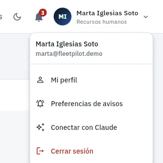 El menú de Marta, de recursos humanos: sin opciones de administración.