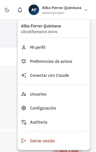 El menú de la administradora.