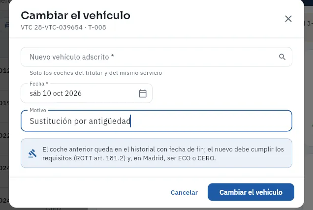 Cambiar el vehículo de la autorización 28-VTC-039654 (el formulario no se ha guardado).