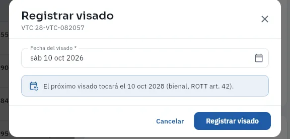 Registrar el visado de la autorización 28-VTC-082057, que vence el 28 de octubre (no se ha guardado).