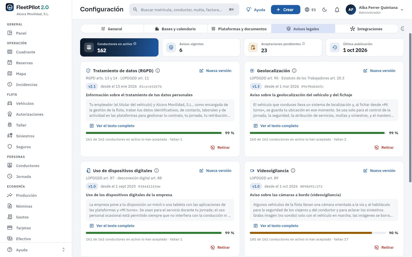 Los avisos legales a los trabajadores: su versión vigente y quién los ha aceptado.