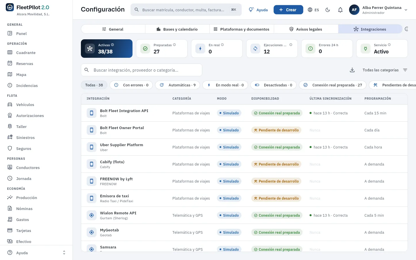 Las integraciones con terceros: todas simuladas en la demo, con su disponibilidad y su última sincronización.