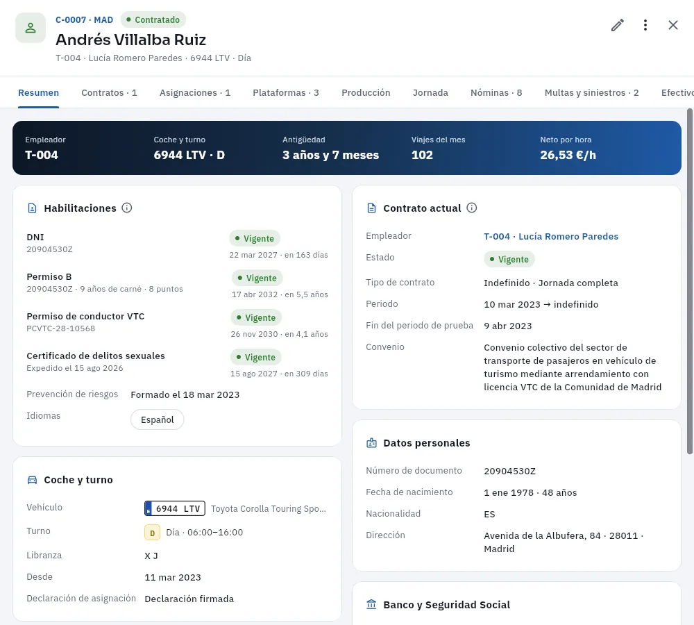 La ficha de Andrés Villalba (C-0007): contratado por Lucía Romero, en el 6944 LTV de día.