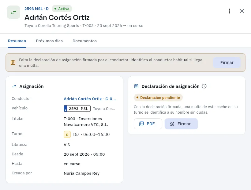 La asignación de Adrián Cortés al turno de día del 2593 MSL desde el 20 de septiembre: le falta la declaración firmada.