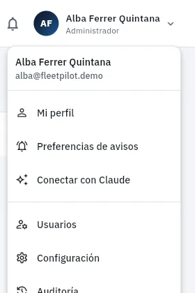 El menú de usuario, con «Conectar con Claude».