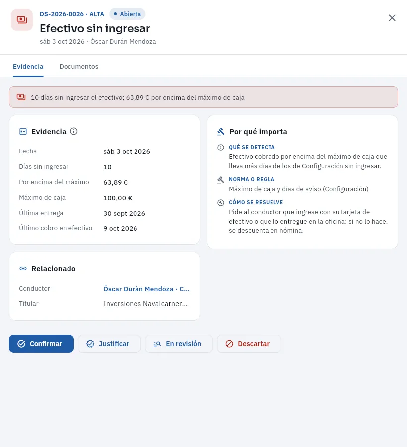La discrepancia DS-2026-0026: Óscar Durán lleva 10 días sin ingresar el efectivo.