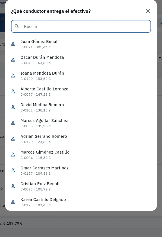 Primero se elige el conductor que entrega el efectivo (no se ha registrado nada).