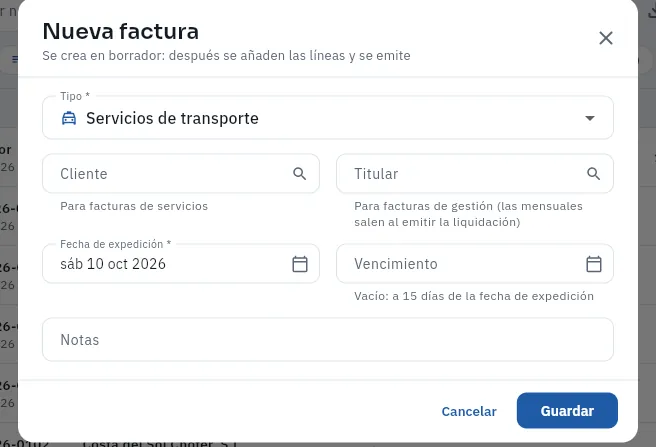 Una factura nueva se crea en borrador (no se ha guardado).