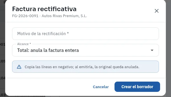 Rectificar una factura emitida (no se ha creado la rectificativa).