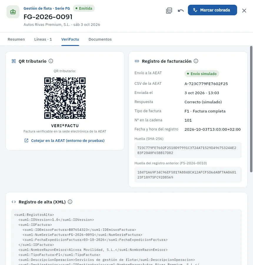 La pestaña VeriFactu de la factura: su QR, su registro de facturación y el registro de alta.