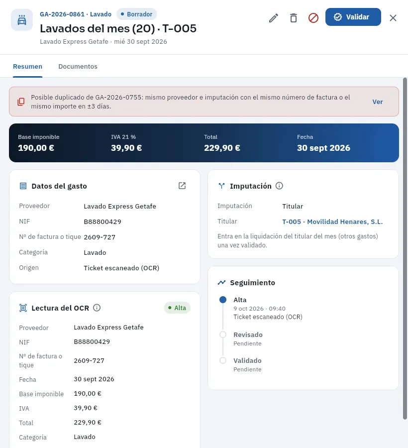 La ficha del gasto GA-2026-0861, en borrador: la misma factura de lavados que GA-2026-0755, ya validada.