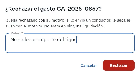 Rechazar un gasto pide el motivo; el conductor que lo envió lo recibe en su aviso.