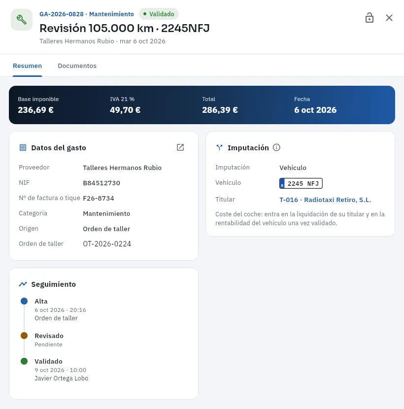 La factura de Talleres Hermanos Rubio de la orden OT-2026-0224 (la revisión de los 105.000 km del 2245 NFJ), ya validada.