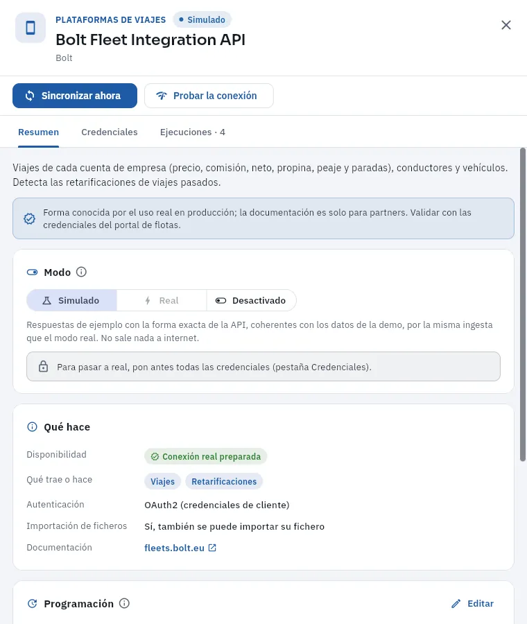 La integración con la API de flotas de Bolt, en modo simulado.
