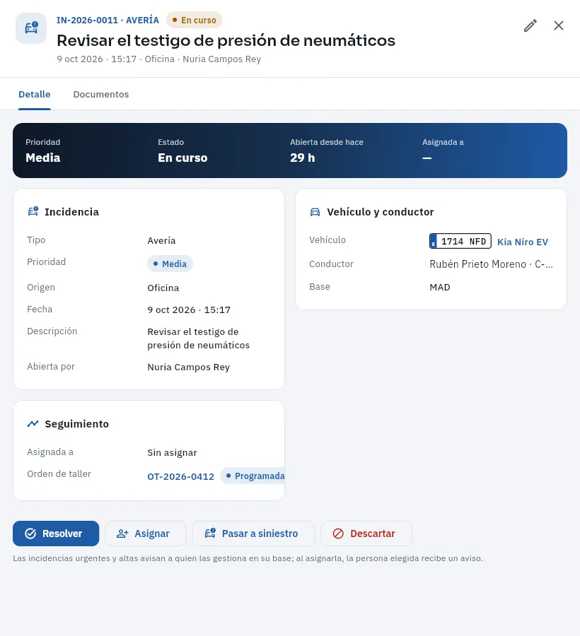 La avería IN-2026-0011: el testigo de presión de neumáticos del Kia Niro 1714 NFD.