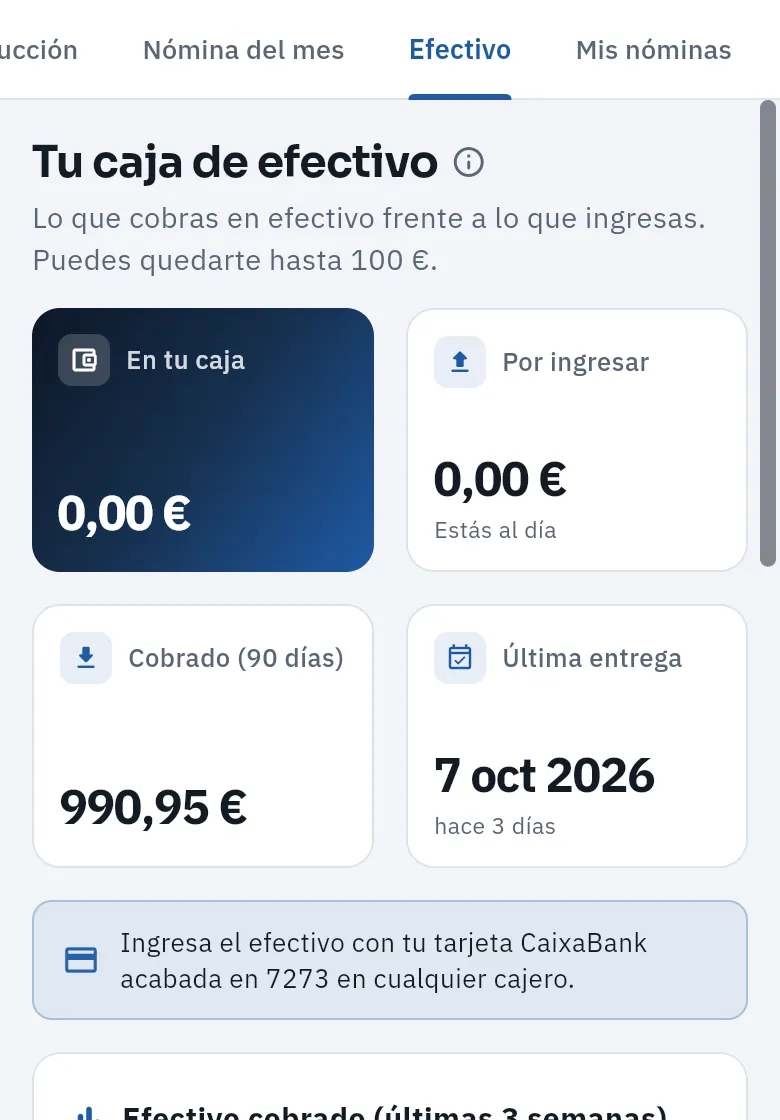 Su caja de efectivo: lo cobrado en efectivo frente a lo ingresado en el banco.