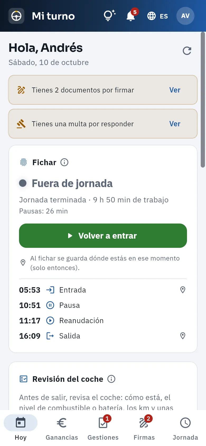 La pantalla de inicio de Andrés por la tarde: lo pendiente y los fichajes de su jornada, ya terminada.