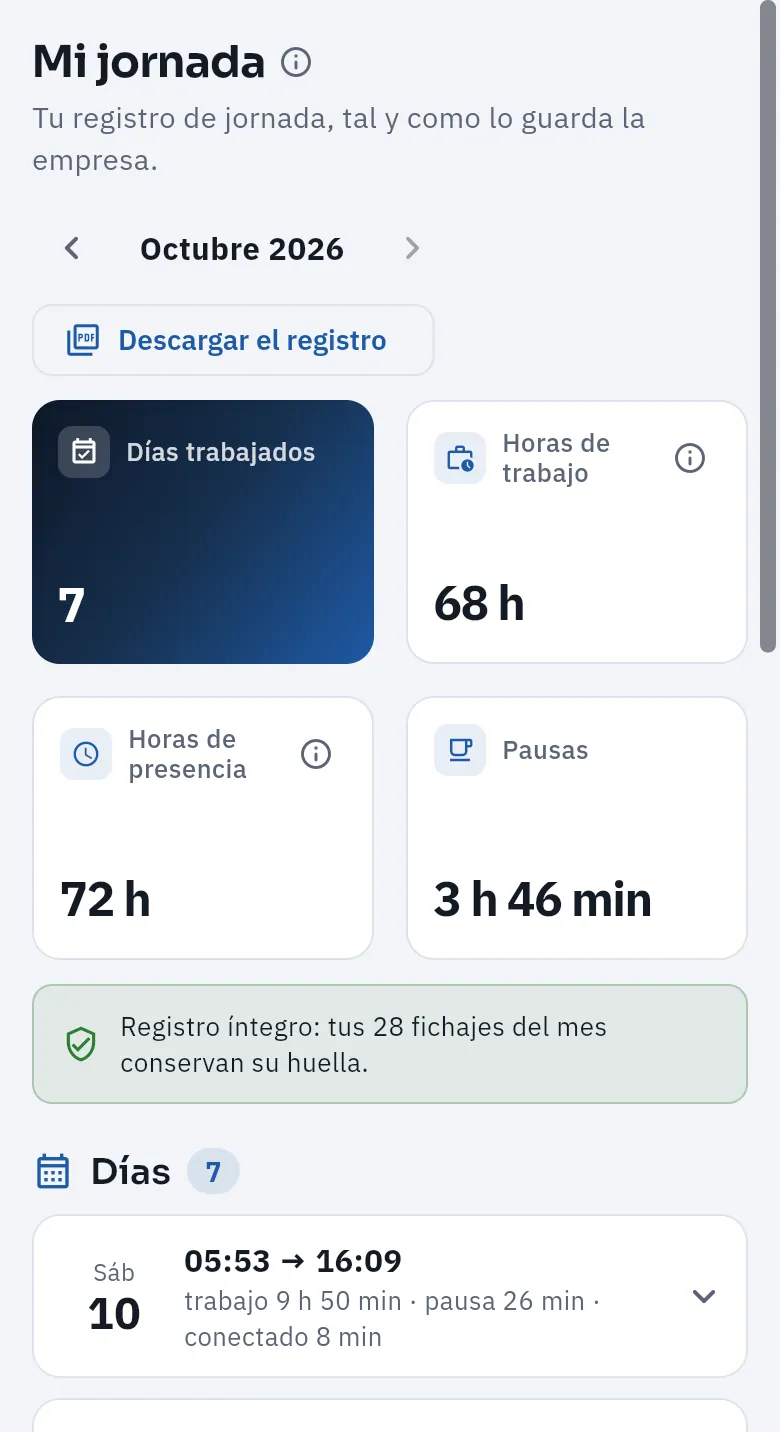 Su registro de jornada del mes, tal y como lo guarda la empresa.