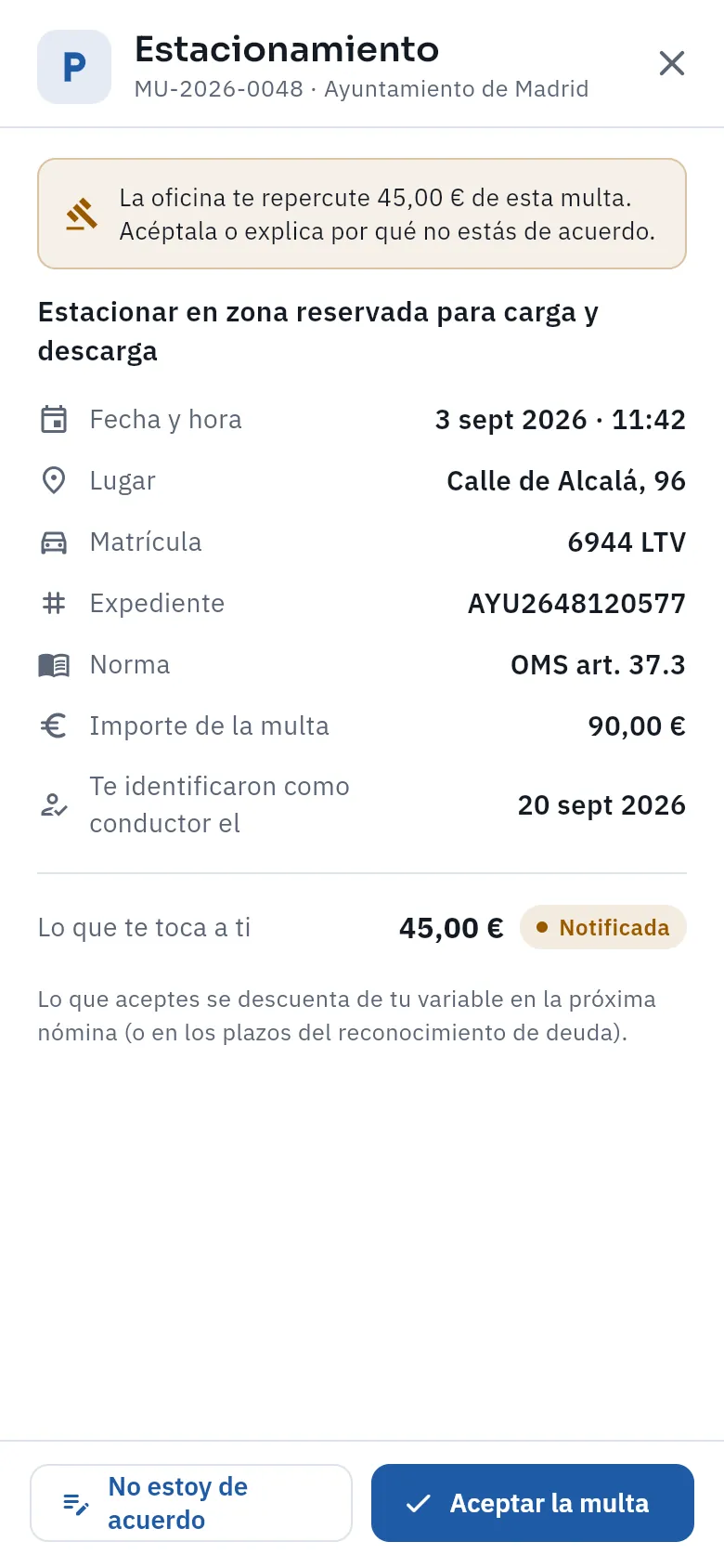 Responder a una multa que se le repercute (en la captura no se ha respondido).