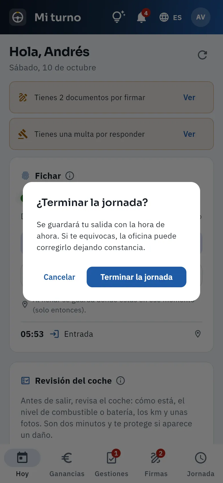 Antes de fichar la salida, FleetPilot pide confirmación (en la captura no se ha confirmado).
