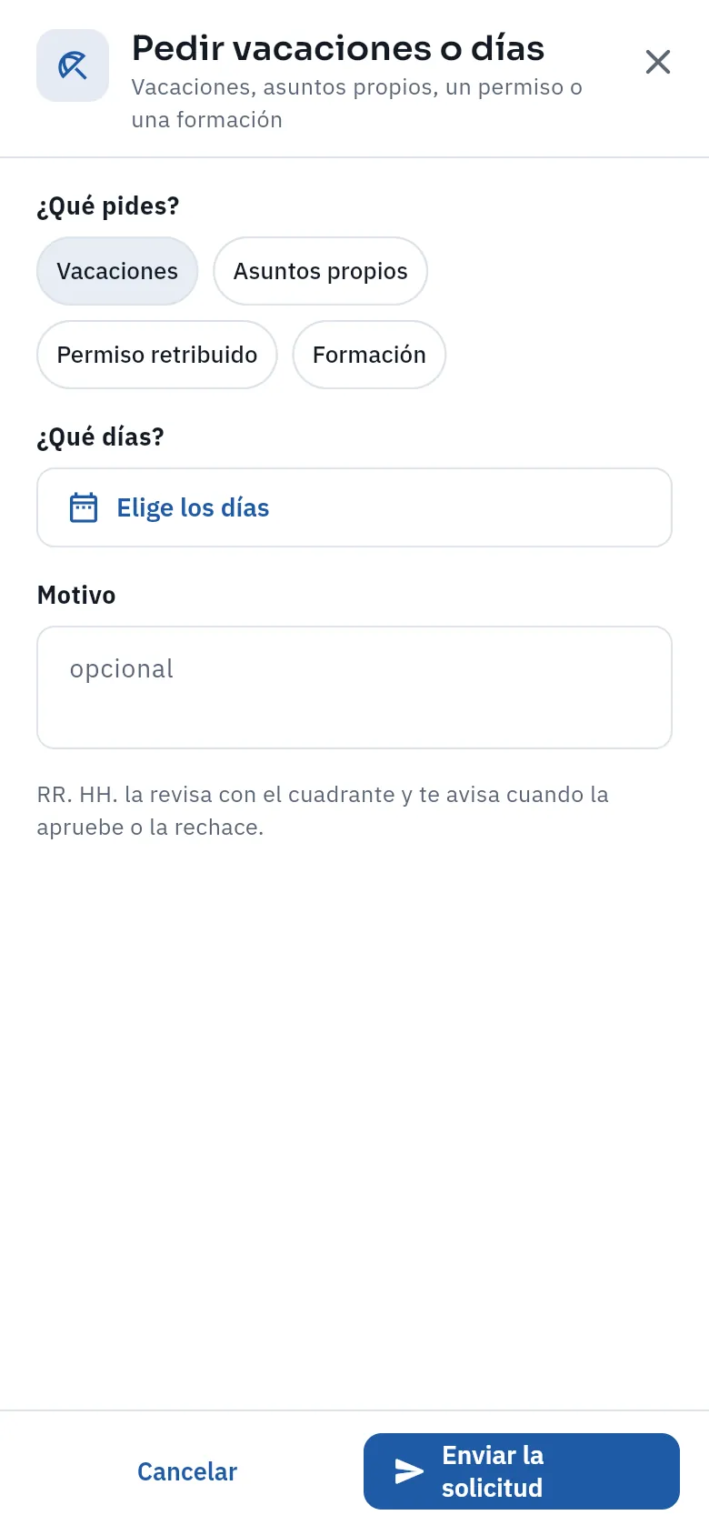 Pedir vacaciones, asuntos propios, un permiso retribuido o una formación.