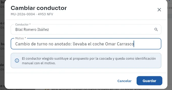 Cambiar el conductor propuesto de la MU-2026-0004, con el motivo (no se ha guardado).