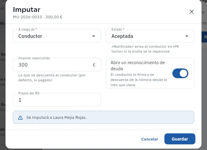 El formulario de imputación con el RD marcado: 300 € en los plazos que se elijan (no se ha guardado).