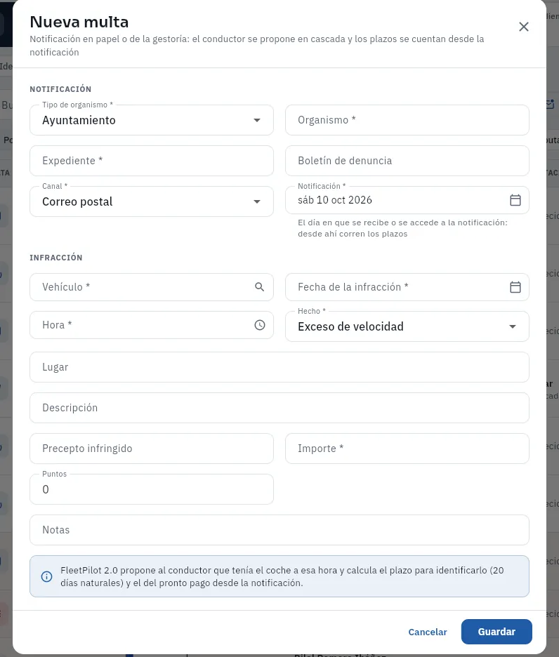 El formulario de una multa nueva: la notificación y la infracción (no se ha guardado).