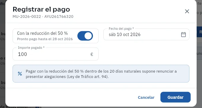 Registrar el pago de la MU-2026-0022 con el pronto pago, que vale hasta el 28 de octubre (no se ha guardado).