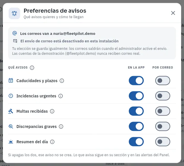 Las preferencias de avisos de Nuria.