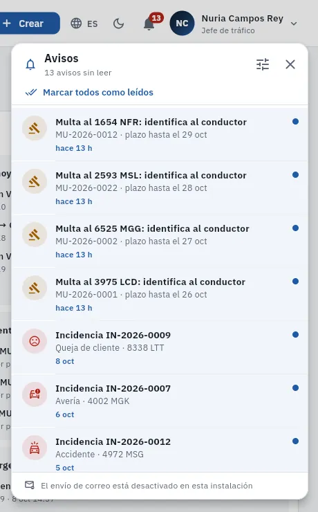 Los avisos de Nuria, la jefa de tráfico: caducidades, multas recibidas, incidencias urgentes y discrepancias graves.