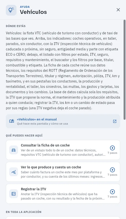 El panel de ayuda de la sección Vehículos.