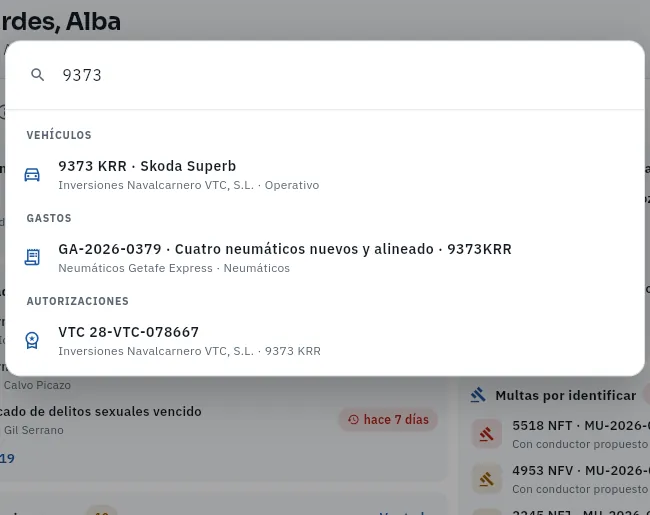 Búsqueda de «9373»: el vehículo 9373 KRR, cuatro gastos de ese coche y su autorización VTC.