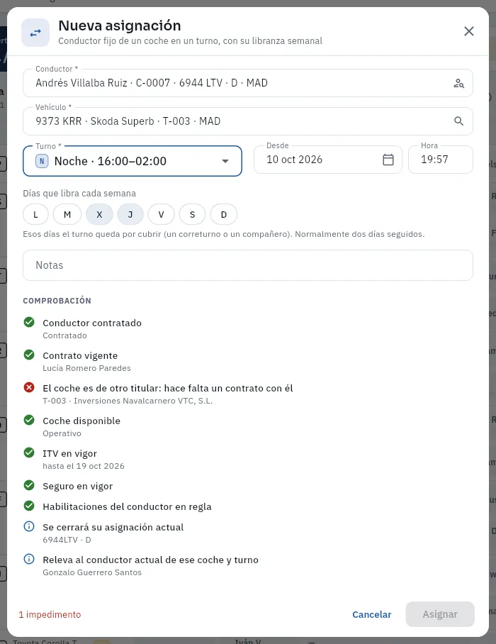 El formulario de una asignación, con la comprobación en vivo: a Andrés no se le puede dar este coche porque es de otro titular.