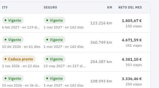 La misma lista vista por gerencia: con el neto del mes de cada coche.