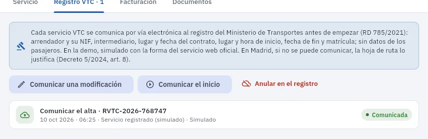 La reserva RS-2026-0220 comunicada al registro (simulado).