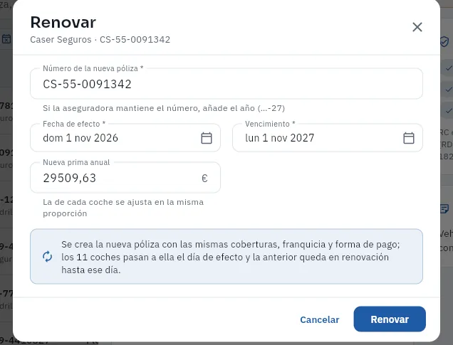 Renovar la póliza CS-55-0091342 (no se ha renovado).
