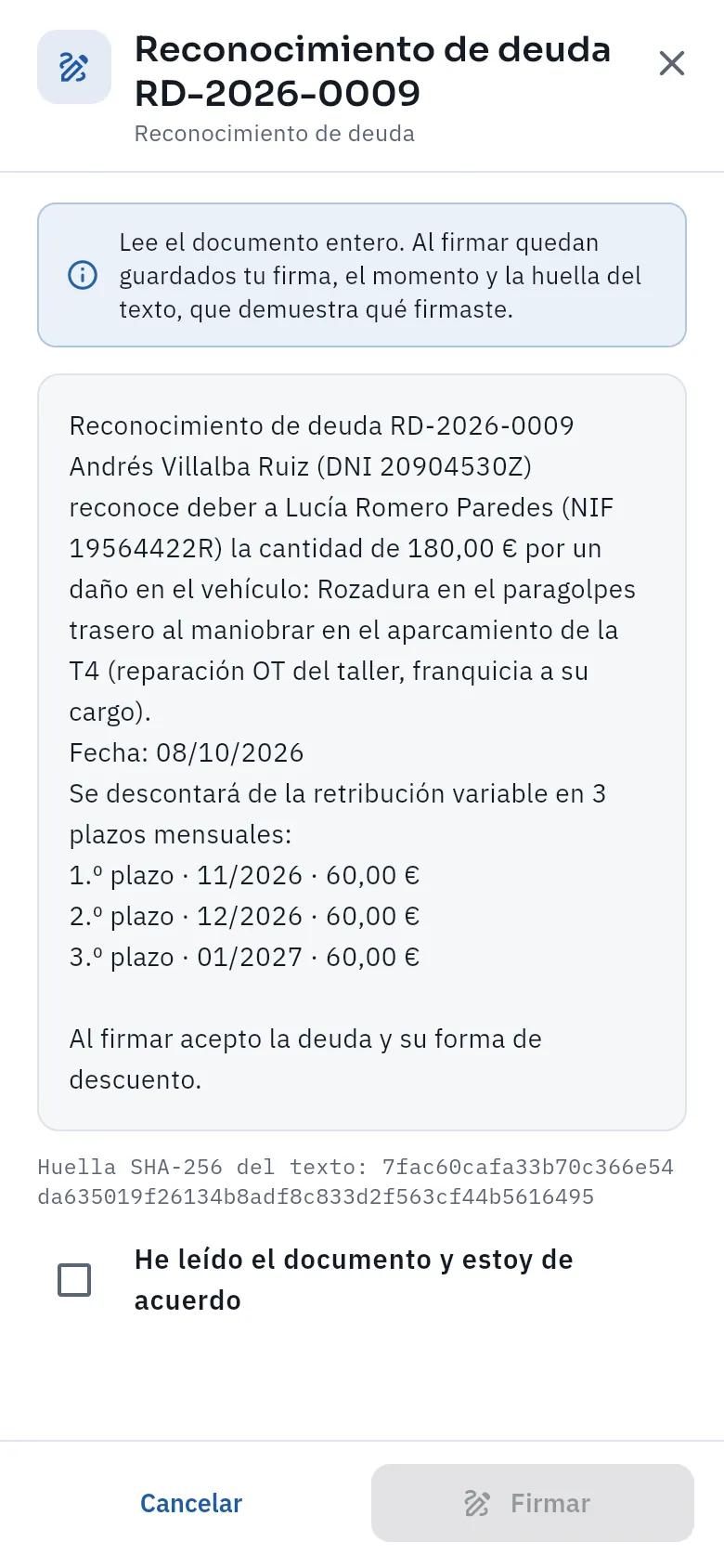 El texto del RD que firma el conductor (sin firmar).