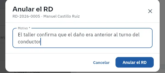 Anular el RD-2026-0005, firmado y sin ningún plazo descontado (sin confirmar).