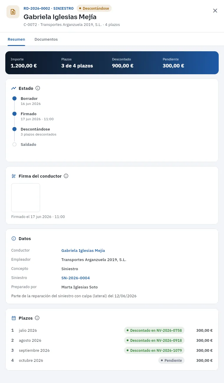 El RD-2026-0002 de una conductora: 1.200 € en 4 plazos, con tres ya descontados en sus nóminas.