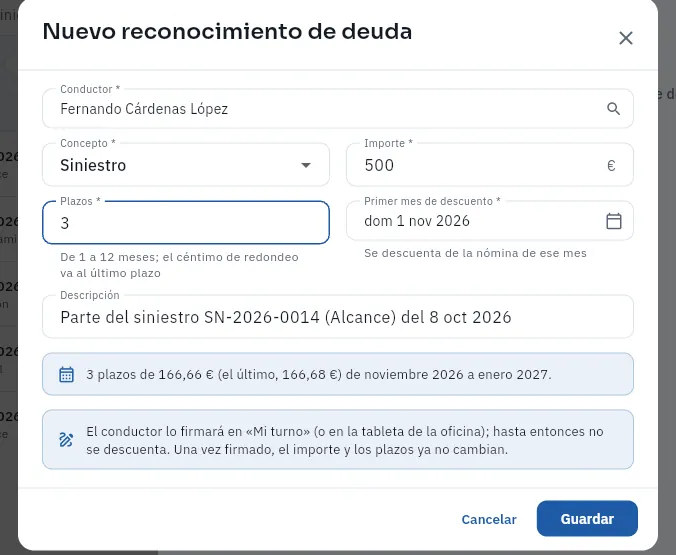 Un RD de 500 € en 3 plazos para el conductor del alcance SN-2026-0014 (sin guardar).