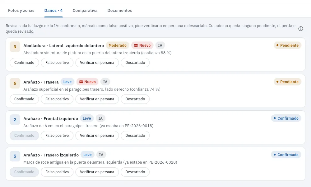 La pestaña Daños: primero los pendientes de revisar, luego los que ya estaban.