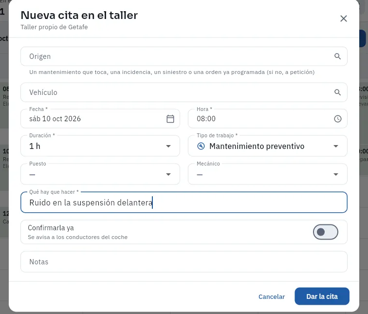 Una cita nueva en el taller propio (el formulario no se ha guardado).