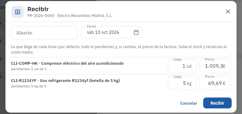 Recibir el pedido PR-2026-0045 (no se ha guardado).