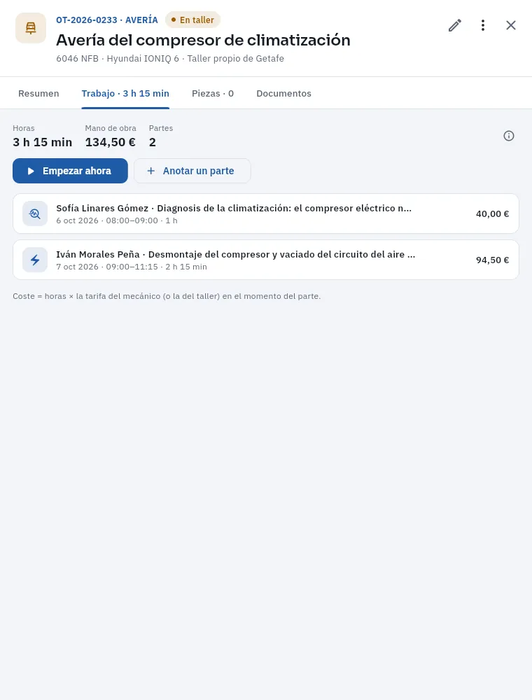 Los partes de trabajo de la orden OT-2026-0233: la avería del compresor del aire del Hyundai 6046 NFB.