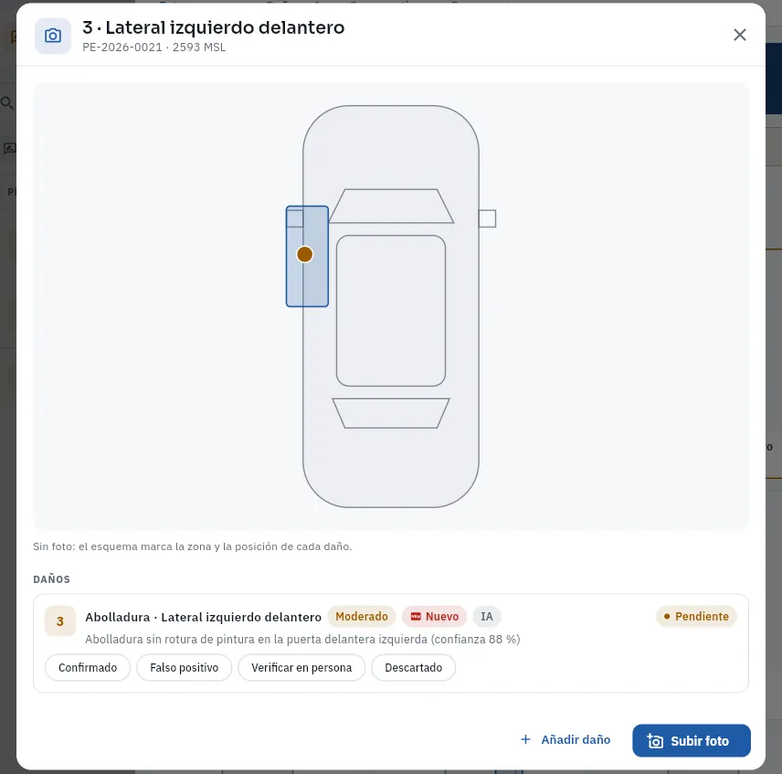La zona 3 en grande: una abolladura nueva que la IA ve con un 88 % de confianza.