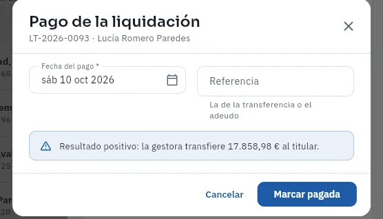 El pago de la liquidación de septiembre de Lucía: la gestora le transfiere el resultado.