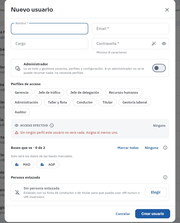 Un usuario nuevo: datos, administrador, perfiles, acceso efectivo, bases y persona enlazada (no se ha creado).